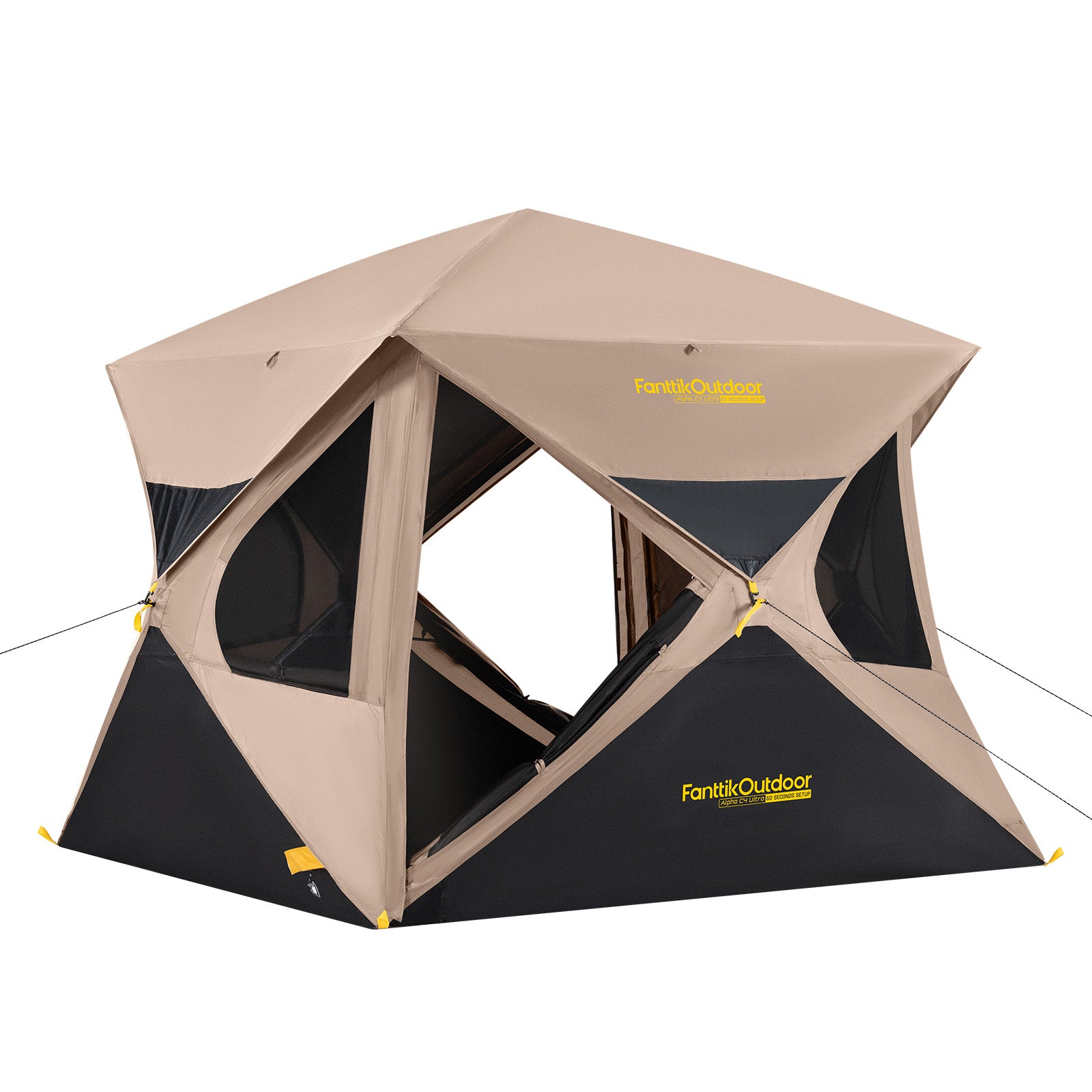 FanttikOutdoor Alpha C4 Ultra Instant Cabin Tent in beige and black, featuring multiple windows and mesh doors for ventilation.