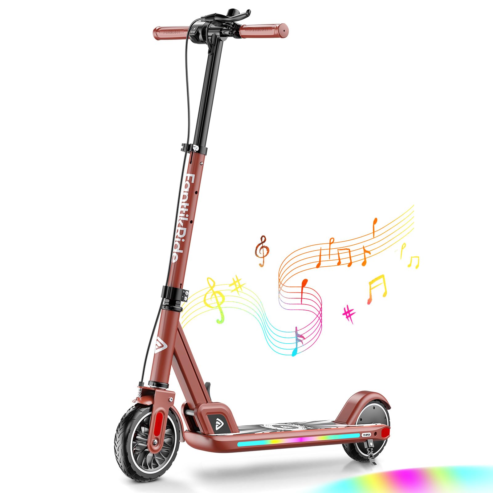Antique red FanttikRide T9 Apex electric scooter for teens with musical notes emanating from the side, highlighting built-in speaker or music mode feature.