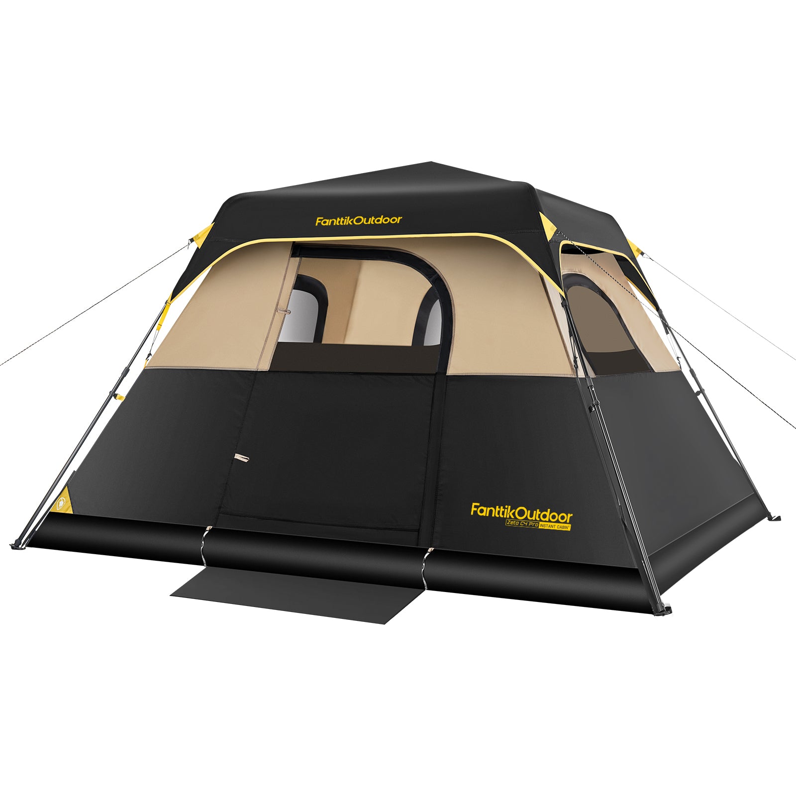 Fanttik Outdoor Zeta C4 Pro 4 Person Camping Tent featuring black and tan design with visible brand name and large windows for ventilation.
