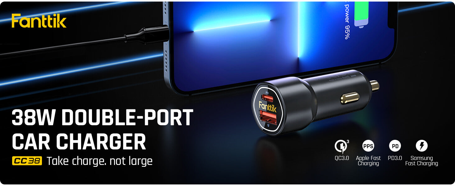 Fanttik USB C Car Charger, 38W Dual Port Fast Charging Car Adapter