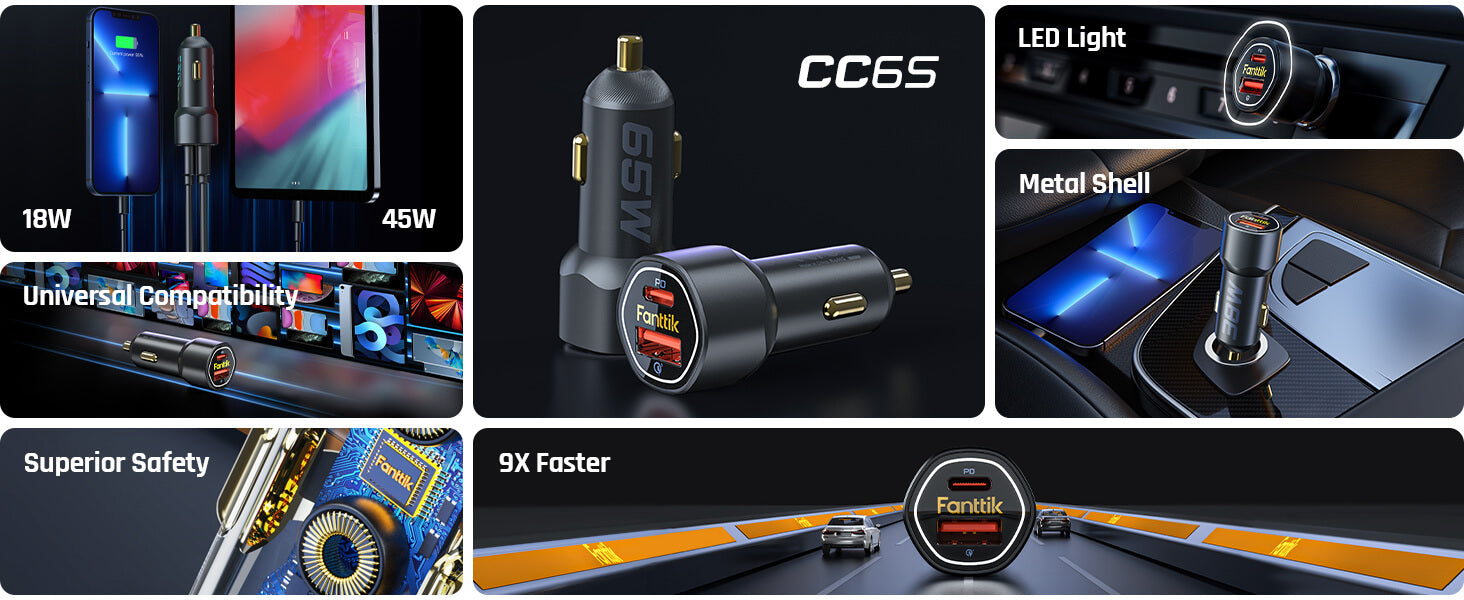 Fanttik 65W USB C Car Charger, Dual Port Fast Charging Car Adapter