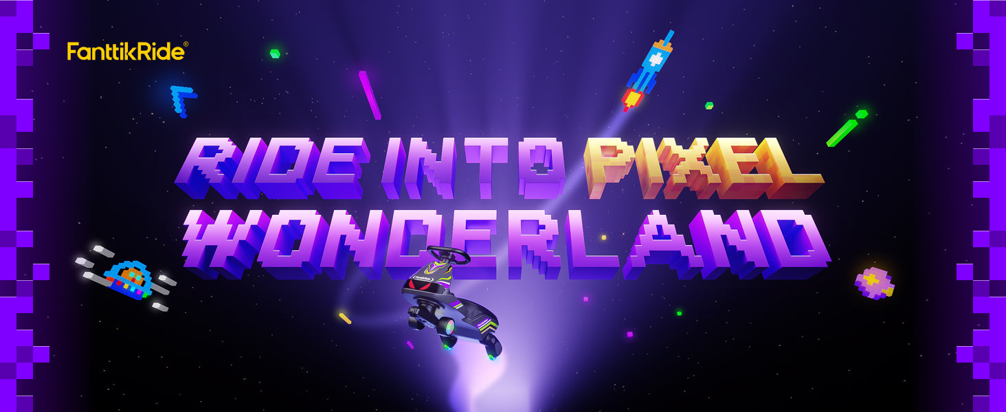 Promotional graphic with the text 'RIDE INTO PIXEL WONDERLAND' in large pixel-style letters, surrounded by neon purple, pink, blue, and orange effects on a dark space-like background. A small rider figure is centered below the text, and 'FanttikRide' appears in the top left.