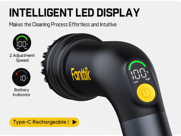 Fanttik G9 Handy Cordless MagnaStorm Electric Spin Scrubber, Dual-Speed Control with 5 Brush Heads, LED Display, IPX7 Waterproof, 2500mAh Battery with Type-C Charging, for Kitchen, Sink, Tile, Stove