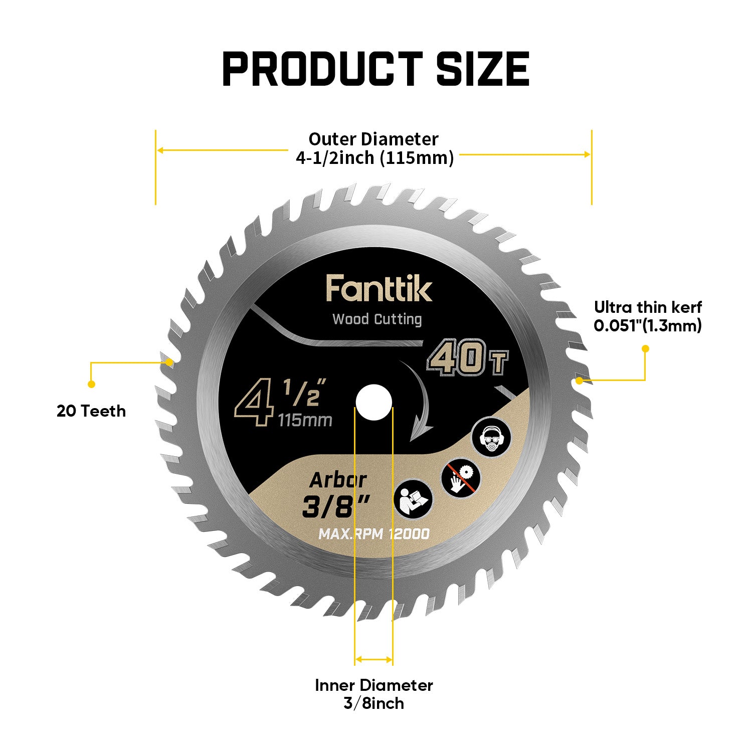 Product size diagram for a Fanttik 4 1/2 inch wood cutting circular saw blade, showing outer diameter, inner diameter, and kerf thickness with measurement callouts on a white background.