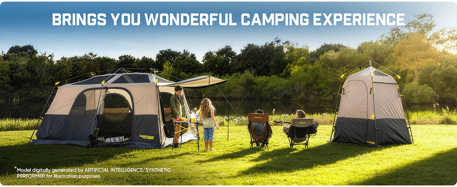 Camping scene with tents and people in a field, text 'Brings You Wonderful Camping Experience'.