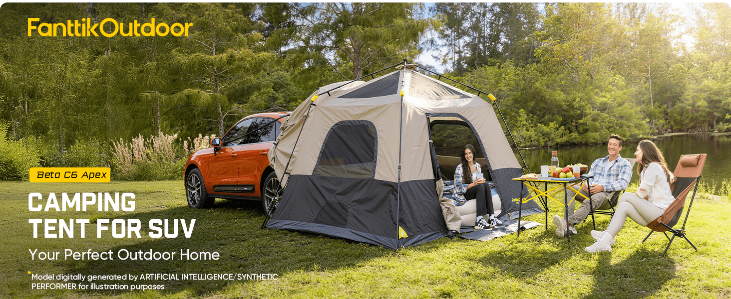 Camping tent for SUV with a family enjoying a picnic in a forest setting, featuring FantikOutdoor branding.