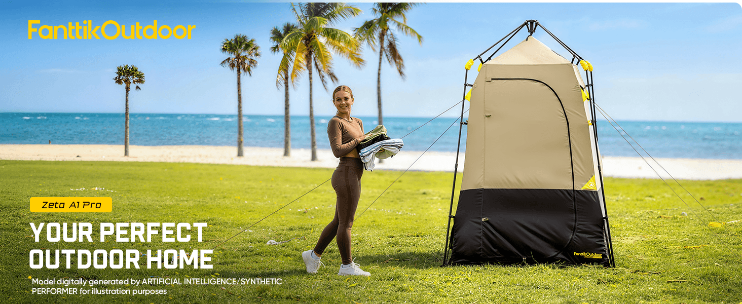 Woman standing next to a portable outdoor shower tent on a grassy area with palm trees and ocean in the background.