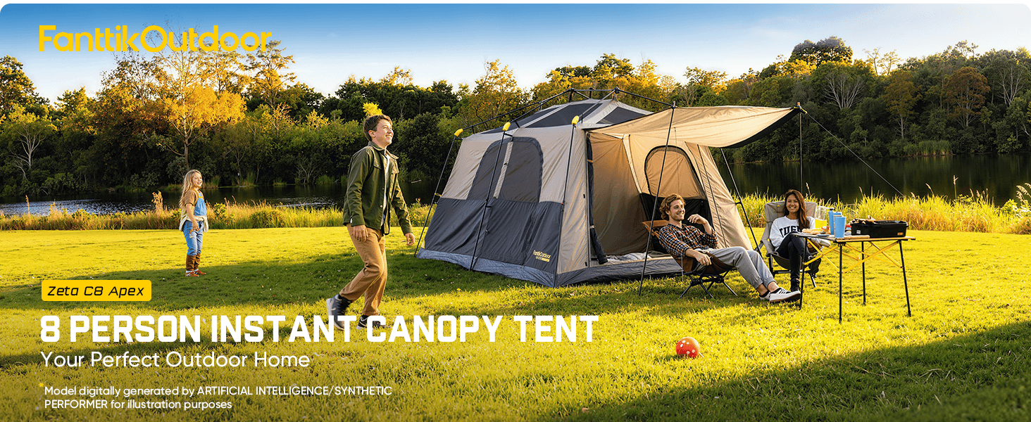 8-person instant canopy tent with family camping outdoors