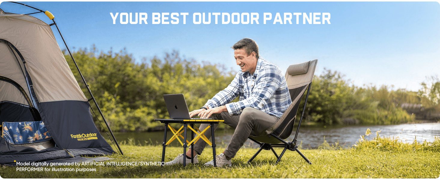 Man using a laptop outdoors next to a tent with text 'Your Best Outdoor Partner'.