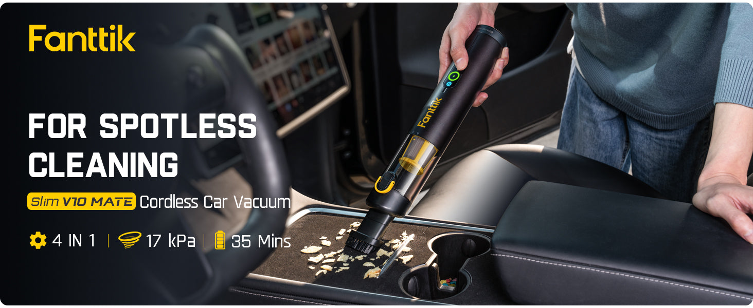 Fanttik Slim V10 Mate Cordless Car Vacuum, 4-in-1 Portable Mini Handheld Vacuum, 17000pa Suction Power, Upgraded Smart Display, 2 Suction Modes for Car, Office Desk, Keyboards