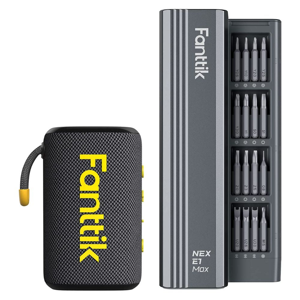 Fanttik E1 MAX Precision Electric Screwdriver with open case displaying precision bits and a compact black carrying case with Fanttik logo in yellow letters.