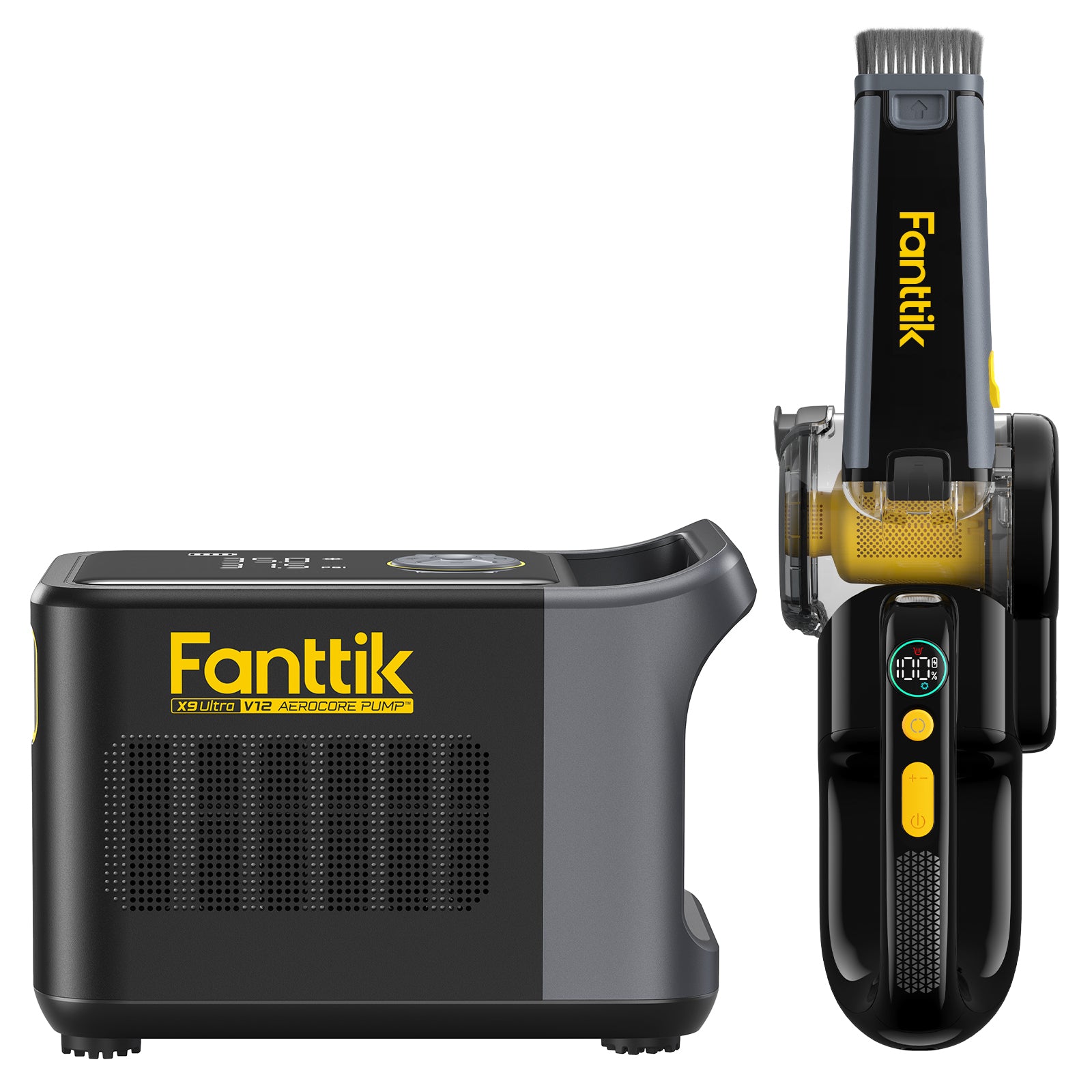 Fanttik X9 Ultra Tire Inflator and V10 Apex Foldable Car Vacuum displayed side by side, showcasing their compact and portable design, with digital display features and black and yellow color scheme.