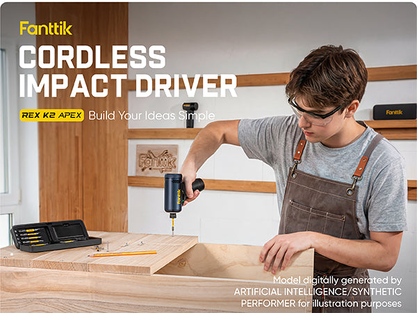 Person using a cordless impact driver in a workshop setting with Fantik branding.