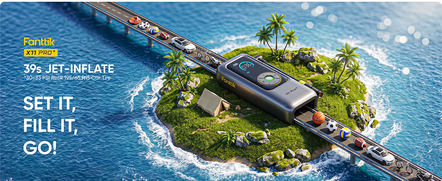 A promotional graphic for the Fanttik K11 Pro tire inflator, shown mounted on a small tropical island surrounded by blue ocean water. The device is dark gray with yellow branding and a circular dial display.