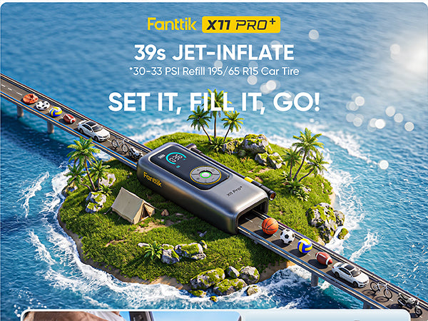 A promotional graphic for the Fanttik K11 Pro tire inflator, shown mounted on a small tropical island surrounded by blue ocean water. The device is dark gray with yellow branding and a circular dial display.