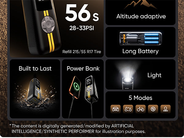 A promotional graphic for a pocket-sized air pump The black device with yellow stripes is centered on a dark brown textured background, surrounded by feature callouts including altitude adaptive, long battery, 5 modes, built to last, 56s battery life, power bank, and light.