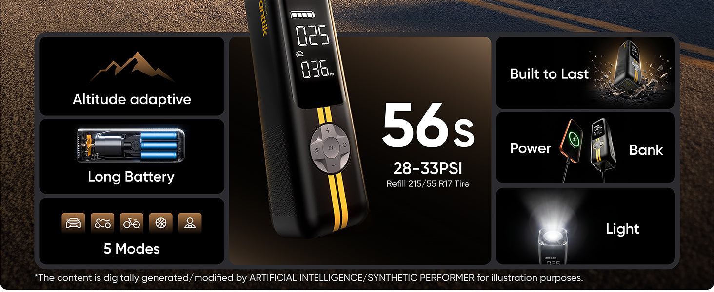 A promotional graphic for a pocket-sized air pump The black device with yellow stripes is centered on a dark brown textured background, surrounded by feature callouts including altitude adaptive, long battery, 5 modes, built to last, 56s battery life, power bank, and light.
