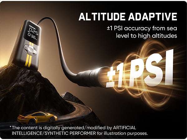 An altitude adaptive tire inflator shown on a dark rocky background with large text reading 'ALTITUDE ADAPTIVE' and '±1 PSI'. The monitor has a black body with a small display and yellow accents, connected by a curved tube to a cylindrical component.