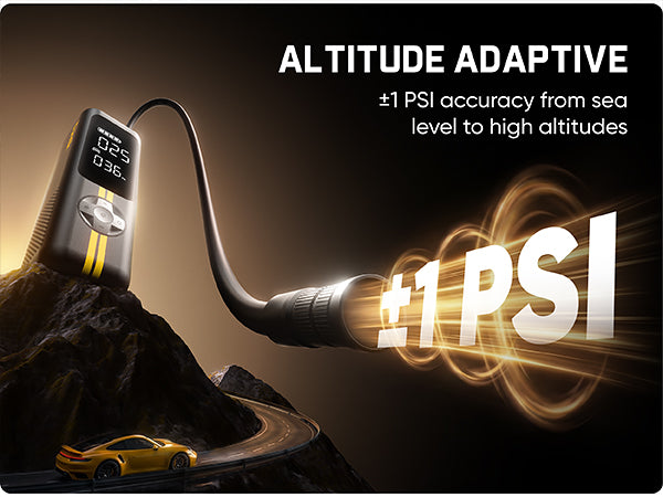 Altitude Adaptive Calibration adjusts to any elevation, delivering ±1 PSI accuracy from sea level to high altitudes. Fanttik Precision Compensation Technology and high-precision sensors ensure every inflation is calculated with precision