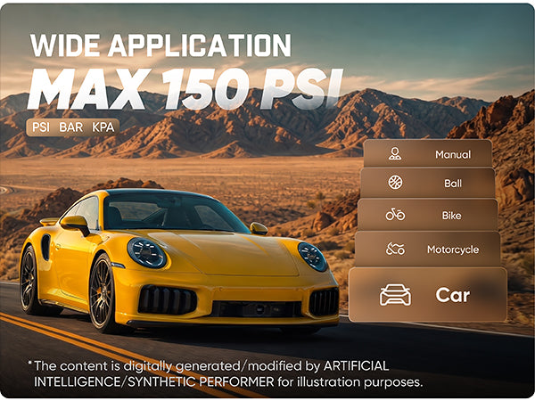 A yellow sports car on a desert road with large text reading 'WIDE APPLICATION MAX 150 PSI' and a stack of application options including Manual, Ball, Bike, Motorcycle, and Car. The image appears to be a promotional graphic rather than a clean product photo.