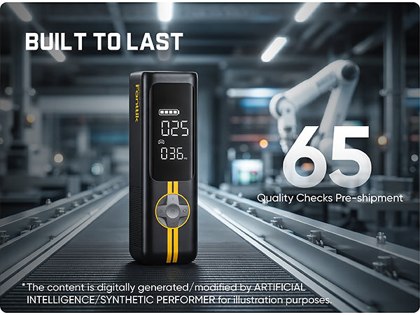 A black handheld quality meter with a fanttik X8 Apex tire inflator on a conveyor belt in an industrial factory setting. Large text reads 'BUILT TO LAST', '65 Quality Checks Pre-shipment', and there is a note at the bottom stating the content is digitally generated/modified by artificial intelligence.