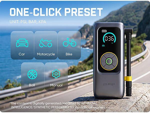 A digital tire pressure monitor with an attached black tube and yellow connector, shown next to a coastal road background. Large text reads 'ONE-Click PRESET' with unit options PSI, BAR, KPA, and feature icons for Car, Motorcycle, Bike, Ball, and Manual.