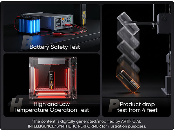 A composite infographic showing three product test panels on a black background: a battery safety test with a device and blue-lit battery, a high and low temperature operation test with a device inside a transparent chamber, and a product drop test from 4 feet showing a device falling through transparent sheets.