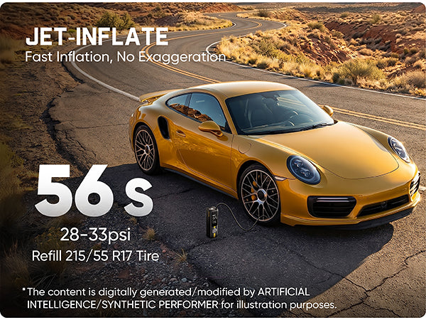 A yellow sports car parked on a desert road with promotional text reading 'JET-INFLATE', 'Fast Inflation, No Exaggeration', '56 s', '28-33psi', and 'Refill 215/55 R17 Tire'. The scene appears digitally composited and includes an inflation gauge connected to the tire.