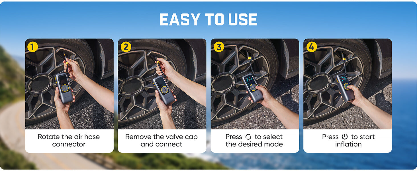 Instruction graphic titled 'EASY TO USE' showing four numbered panels with a person using a handheld tire inflation device on a car wheel. The panels include steps to connect the air hose, remove the valve cap, select a mode, and start inflation.