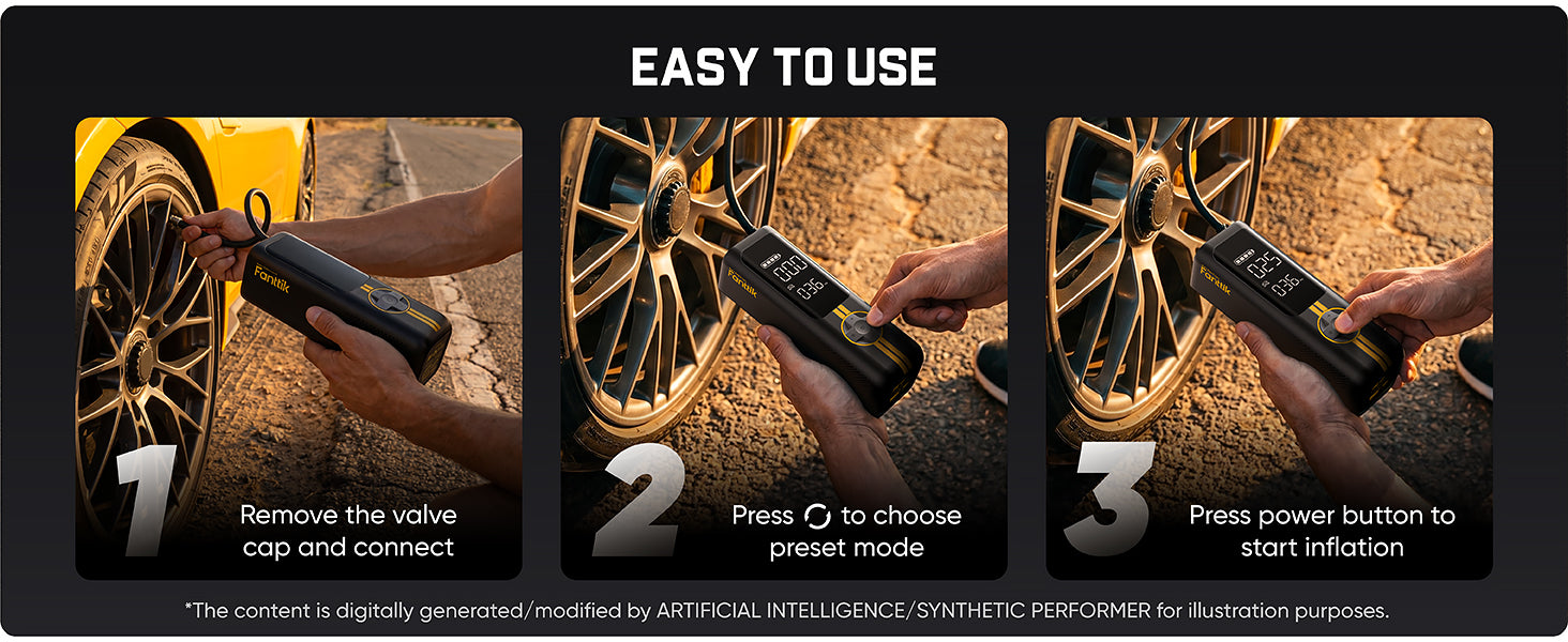 Three-panel instructional graphic showing how to use a fanttik X8 Apex tire inflator. Step 1 shows the gauge connected to a car wheel valve cap.