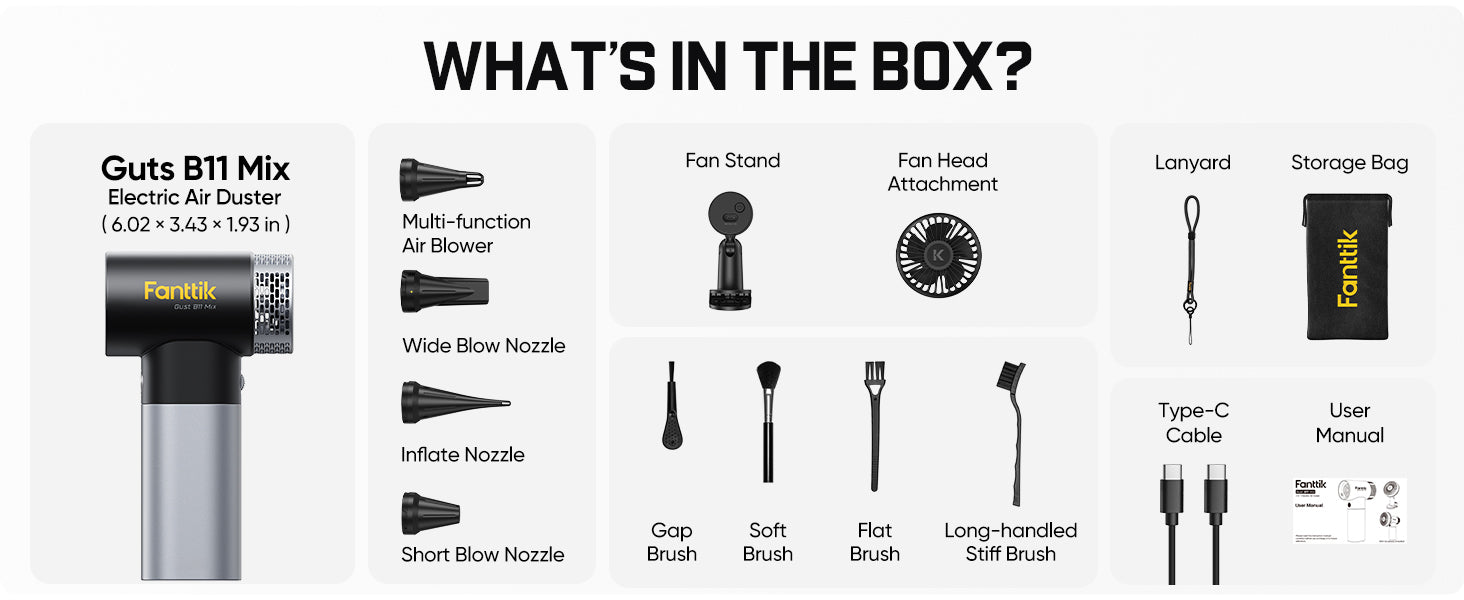 Fanttik Gust B11 Mix 2-in-1 Electric Air Duster & Fan, Dust Blower, 110000RPM Brushless Motor, Compressed Air Duster, 100 Stepless Gears, One-tap Booster, Electric Duster for PC, Electronics, Outdoor