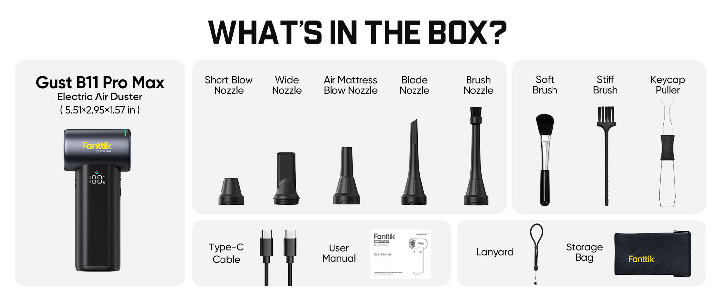 Fanttik Gust B11 Pro Max Electric Air Duster, 150000RPM Brushless Motor, Compressed Air Duster, 100 Gears Adjustable, One-tap Booster, 28.08Wh Rechargeable Battery, Electric Duster for PC, Car, House