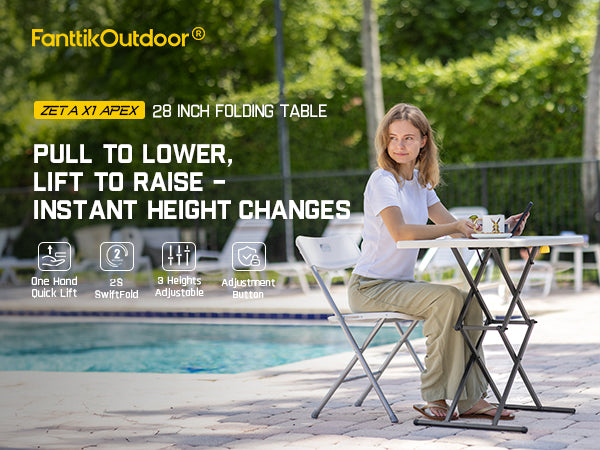 FanttikOutdoor 28 inch Small Folding Table, One-Handed Height Adjustment, 3 Heights, Lowering Lever, Instalift, Portable Side Table for Tv Tray, Desk, Kitchen, No Assembly, Granite White Zeta X1 Apex
