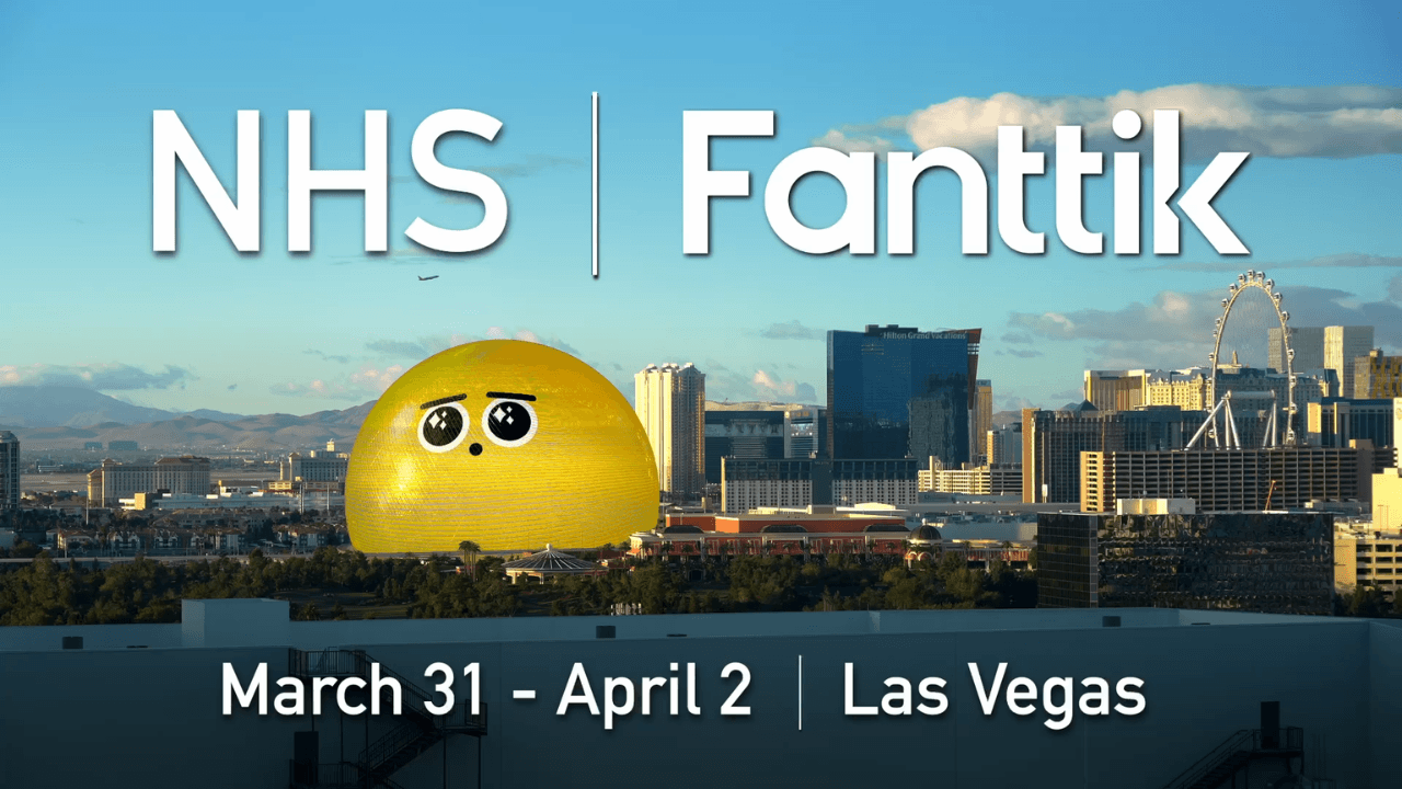 Promotional poster for NHS and Fanttik event in Las Vegas with a yellow character and city skyline.