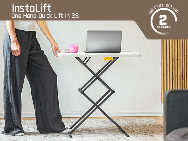 FanttikOutdoor 28 inch Small Folding Table, One-Handed Height Adjustment, 3 Heights, Lowering Lever, Instalift, Portable Side Table for Tv Tray, Desk, Kitchen, No Assembly, Granite White Zeta X1 Apex