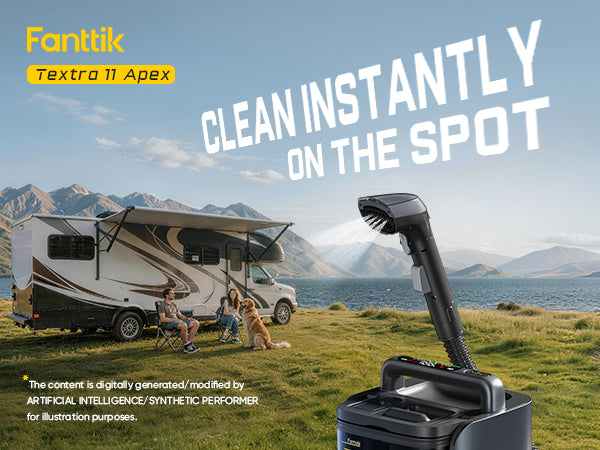 A Fanttik Textra 11 Apex pet steam cleaner is shown in the foreground against a scenic outdoor background of an RV by the water with mountains and a dog. Large text reads 'CLEAN INSTANTLY ON THE SPOT' and 'Fanttik Textra 11 Apex'.