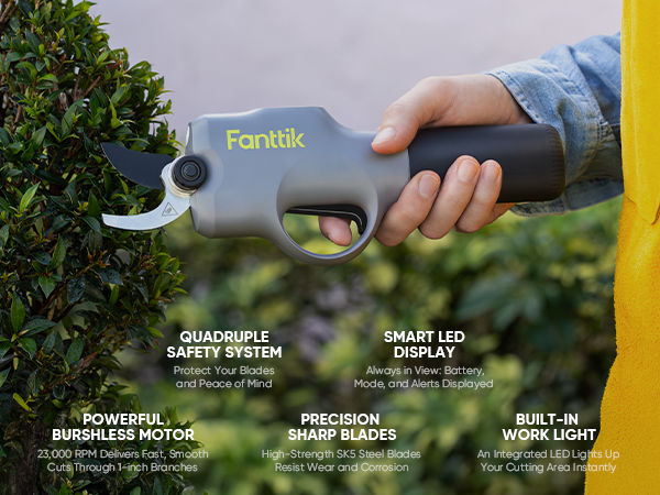 Fanttik Y10 Pro 7.2V Cordless Pruning Shears with Brushless Motor, LED Display, 4-Level Safety System, USB-C Fast Charging, SK5 Steel Blade for Branch Trimming