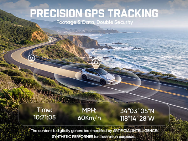 Promotional graphic for precision GPS tracking showing a white car on a winding coastal road with ocean and cliffs in the background. Large text reads 'PRECISION GPS TRACKING' and 'Footage & Data, Double Security,' with a data panel showing time, speed, and coordinates, plus a note about digitally generated/modified content.