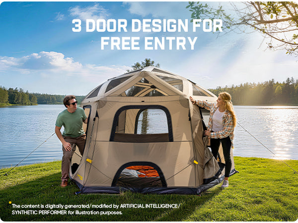 A large outdoor camping tent with multiple windows is pitched on grass by a lake, with two people standing beside it. Large text at the top reads '3 DOOR DESIGN FOR FREE ENTRY.