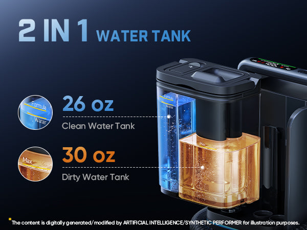 A 2-in-1 water tank system shown on a dark blue promotional background, with text indicating a 26 oz clean water tank and a 30 oz dirty water tank. The product features a black body with transparent blue and amber-colored tanks.