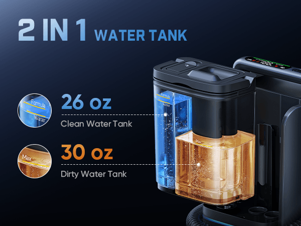 Fanttik Textra 11 Apex Cordless Carpet and Upholstery Cleaner's 2-in-1 water tank with clean and dirty water compartments on a dark background