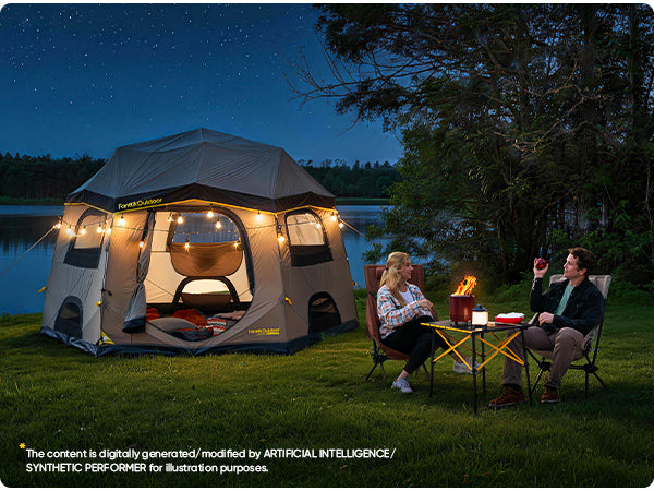 A large outdoor camping tent is pitched by a lake at dusk, with two people sitting nearby at a small table by a campfire. The tent is tan and gray with string lights around the windows, and trees and grass are visible in the background.