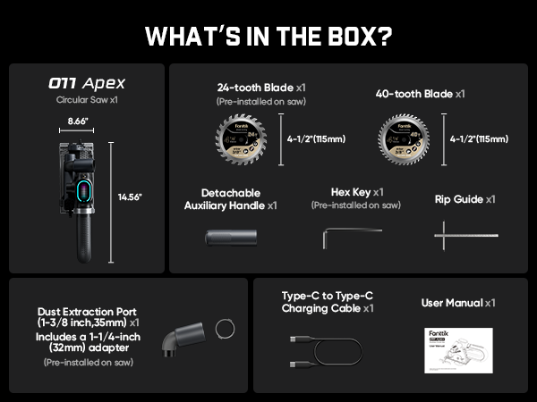 Box contents overview graphic for the O11 Apex Circular Saw on a black background, showing included accessories and parts with labels and dimensions.