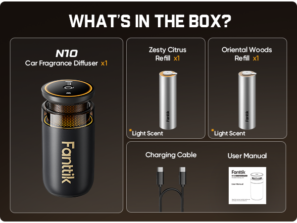 Box contents graphic for the Fanttik N10 Car Fragrance Diffuser, showing the included diffuser, Zesty Citrus and Oriental Woods refill cartridges, charging cable, and user manual on a dark brown background with the heading 'WHAT'S IN THE BOX?'.