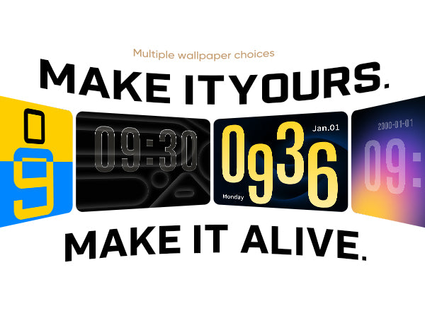 Digital promotional graphic for customizable wallpaper options, with the text 'Multiple wallpaper choices' at the top, large black text reading 'MAKE IT YOURS.' and 'MAKE IT ALIVE.