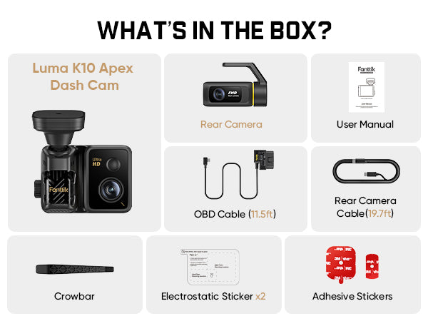 An infographic titled 'WHAT'S IN THE BOX?' showing included items for a Luma K10 Apex Dash Cam, including the front camera, rear camera, OBD cable, rear camera cable, user manual, crowbar, electrostatic sticker, and adhesive stickers on a light gray background.