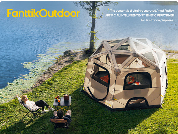 A large geodesic-style outdoor camping tent is pitched on a grassy lakeshore with two people reclining nearby in camping chairs. The scene includes a lake, tree, and visible text reading FanttikOutdoor