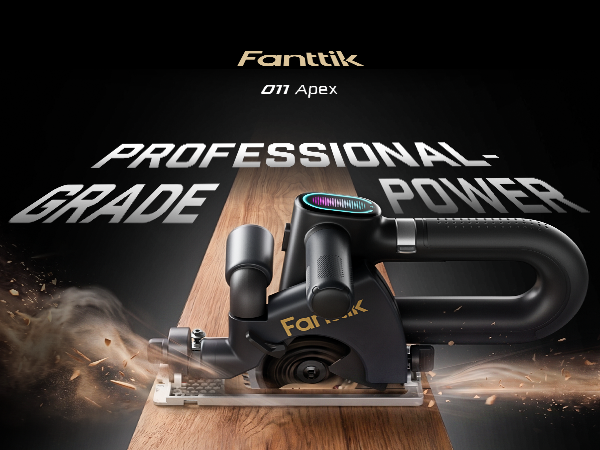 A Fanttik O11 Apex Cordless Circular Saw with a dust collector attachment, shown cutting through a piece of wood with sparks flying. The background is black with stylized text reading 'Fanttik 011 Apex' and 'PROFESSIONAL POWER'.
