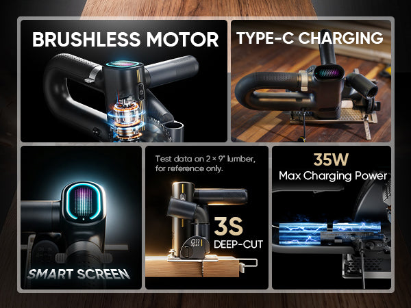 A 2x2 promotional collage for a Fanttik O11 Apex Cordless Circular Saw, featuring feature callouts: brushless motor, type-C charging, 35W max charging power, smart screen, and 3S deep-cut performance, with product close-ups and text panels on a dark wood background.