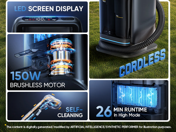 A promotional collage for a Cordless Carpet Cleaner showing multiple feature callouts: LED screen display, 150W brushless motor, self-cleaning function, 26 min runtime in high mode, and the cleaner standing on grass. The product itself is black with blue illuminated accents.